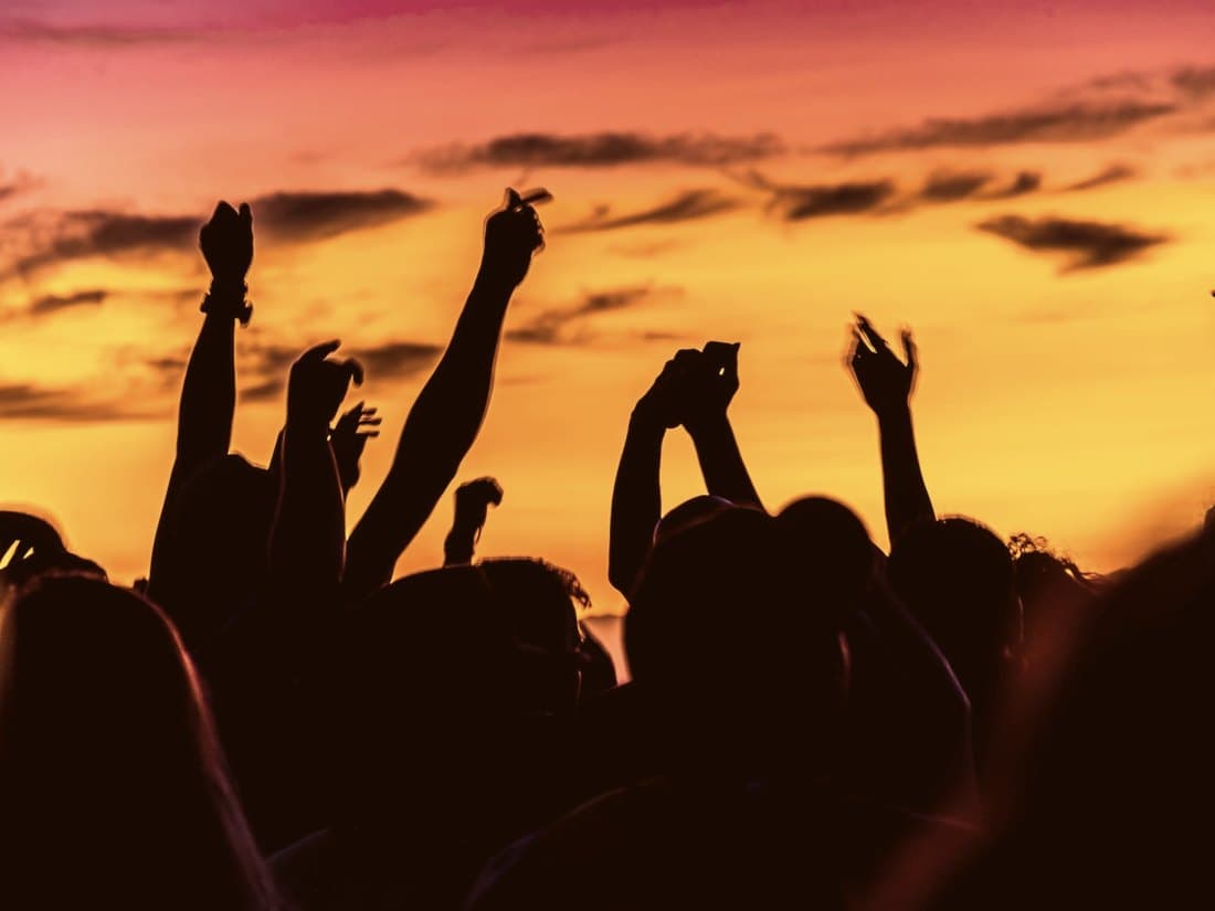 A crowd silhouetted with hands in the air against a sunset sky